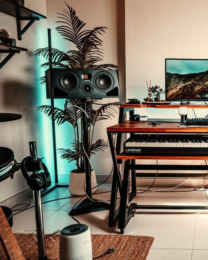 Wabi-Sabi Studio Corner for Solo Artists aesthetic for a home music studio setup