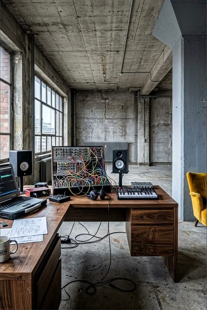 Wabi-Sabi Home Studio for Mindful Creators aesthetic for a home music studio setup
