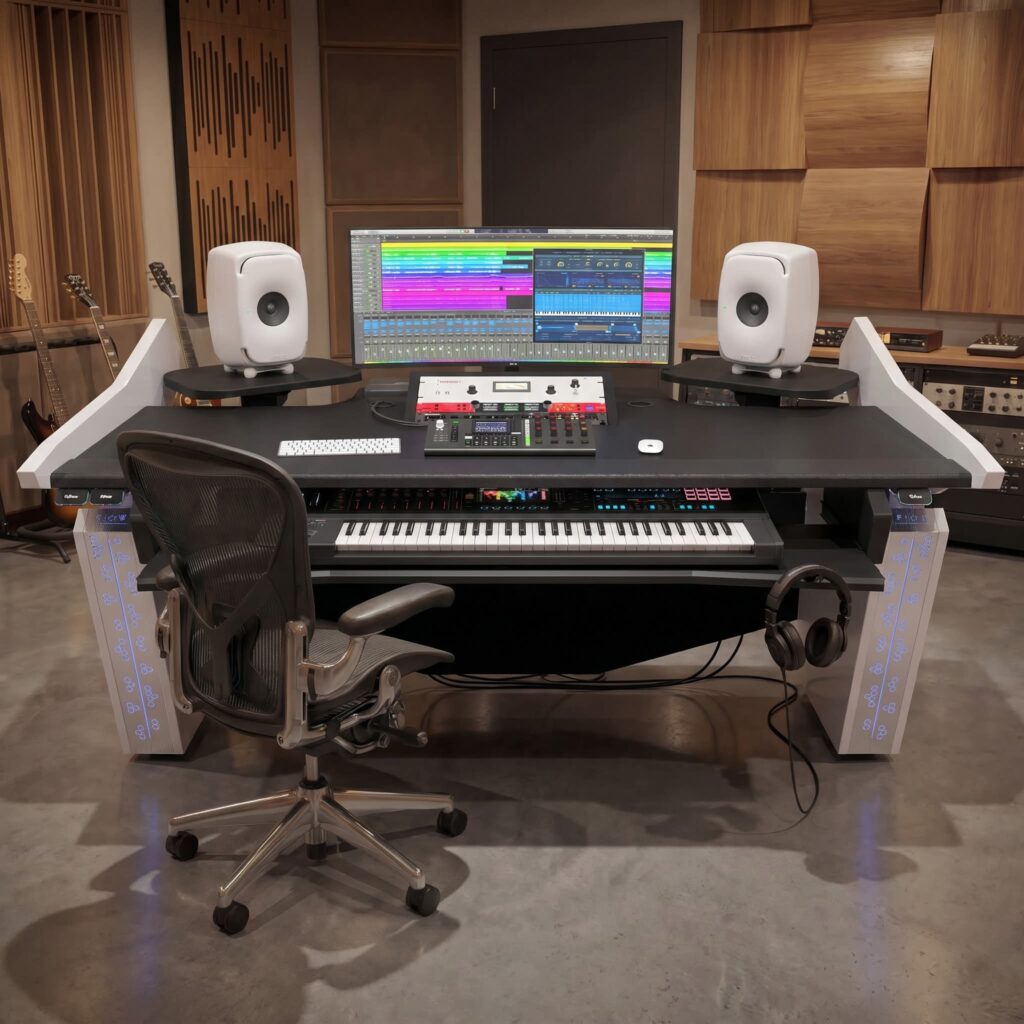Wabi-Sabi Home Studio for Multi-Instrumentalists aesthetic for a home music studio setup