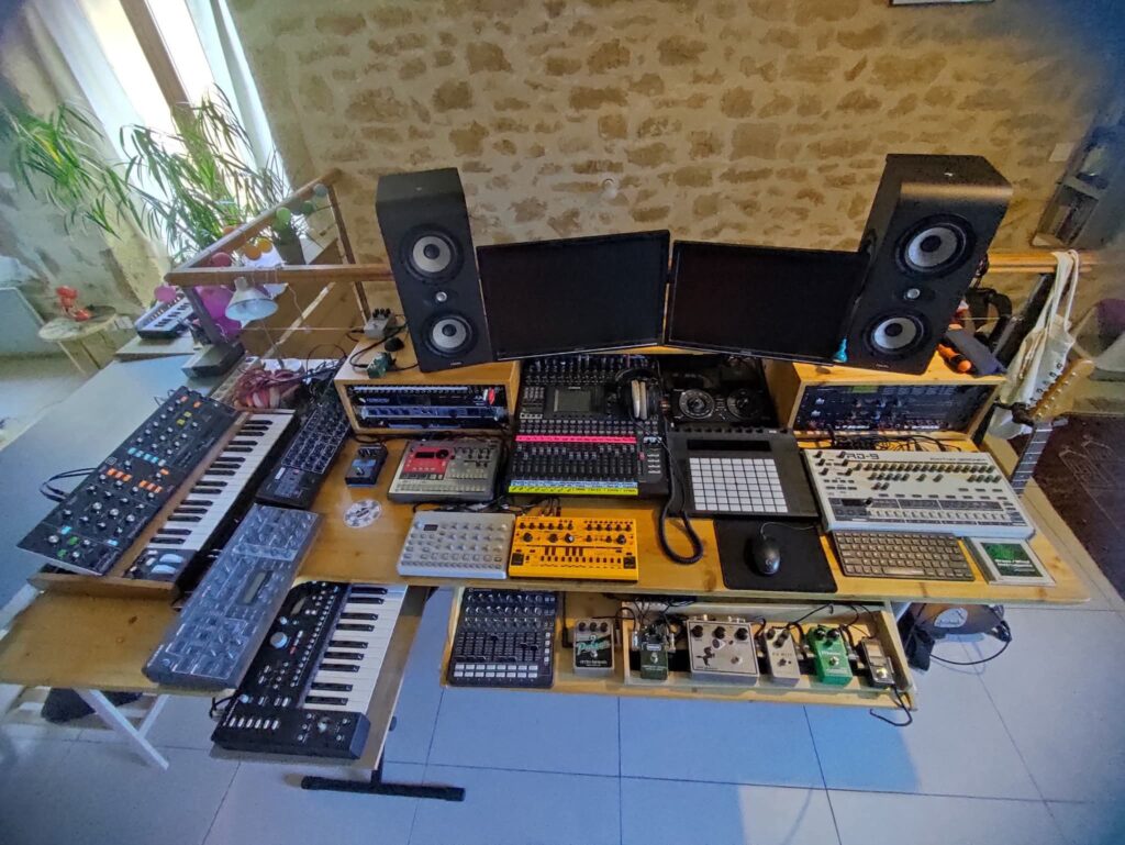 Warm Neutral Wabi-Sabi Home Studio Layout aesthetic for a home music studio setup