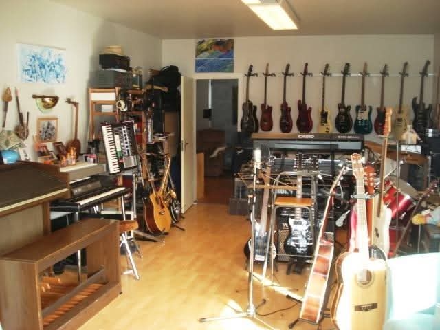 Home music studio with bold maximalist colors