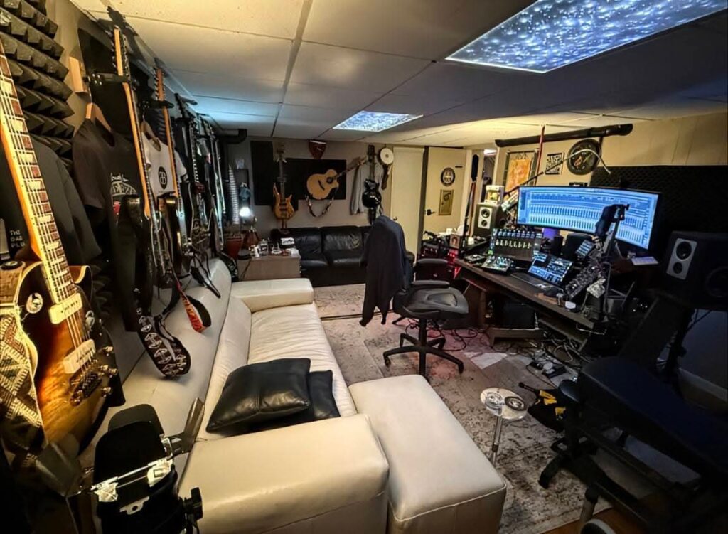 Industrial maximalist recording studio design