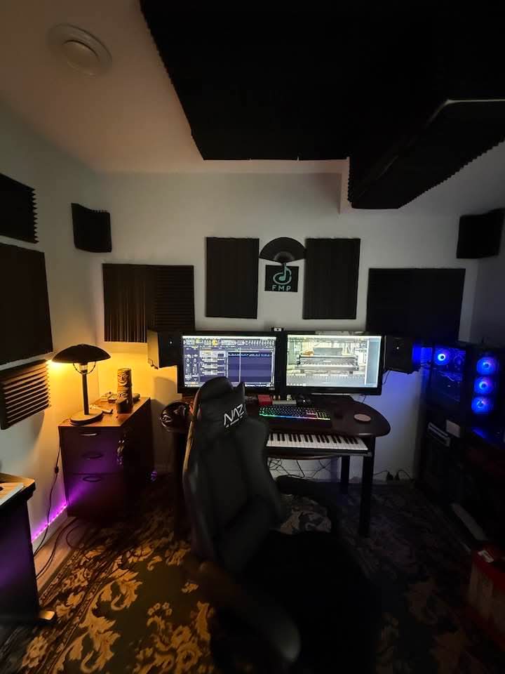 Layered maximalist recording studio setup