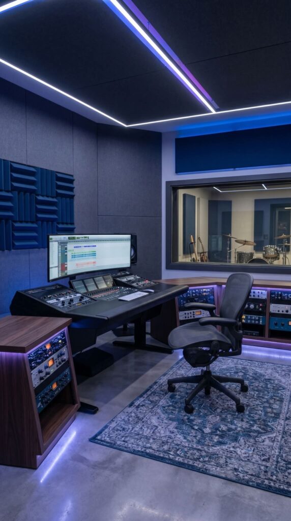 Jewel-toned maximalist music production studio