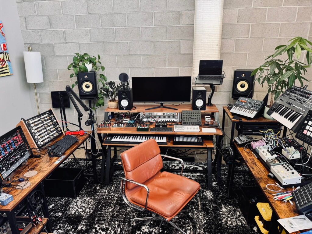 Color-changing maximalist home studio ideas