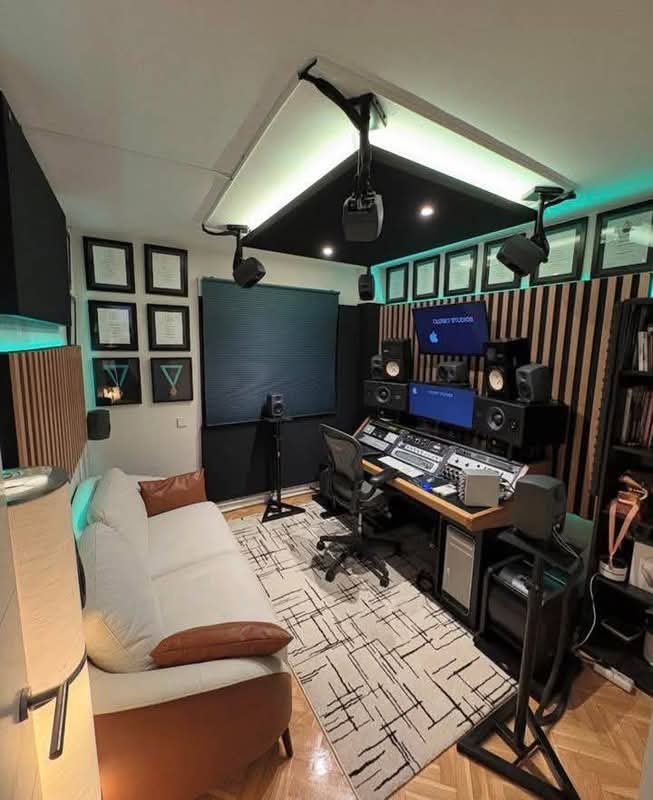 Moody maximalist recording space design