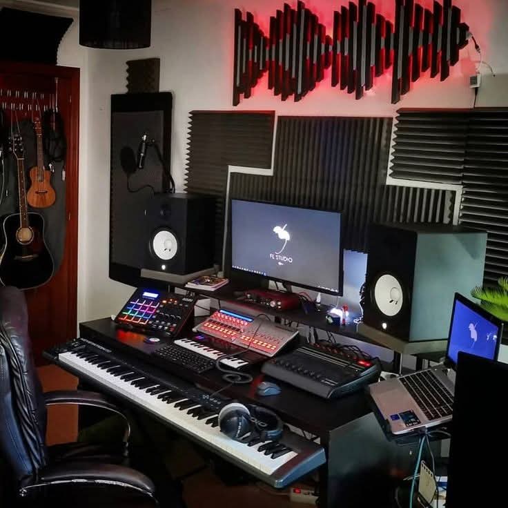 Colorful maximalist music studio corner