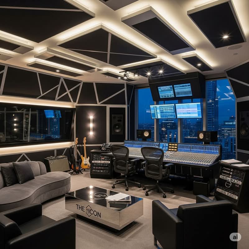 Neon maximalist music production studio