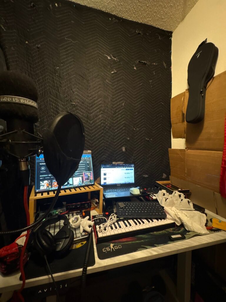 Temporary Vocal Tracking Space Setups aesthetic for a home music studio setup