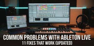 Electronic music production desk with a session-view DAW on a monitor and a MIDI pad controller