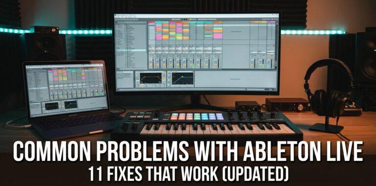 Electronic music production desk with a session-view DAW on a monitor and a MIDI pad controller