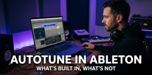 Producer working on vocals at a laptop with a session-view DAW and headphones, moody lighting
