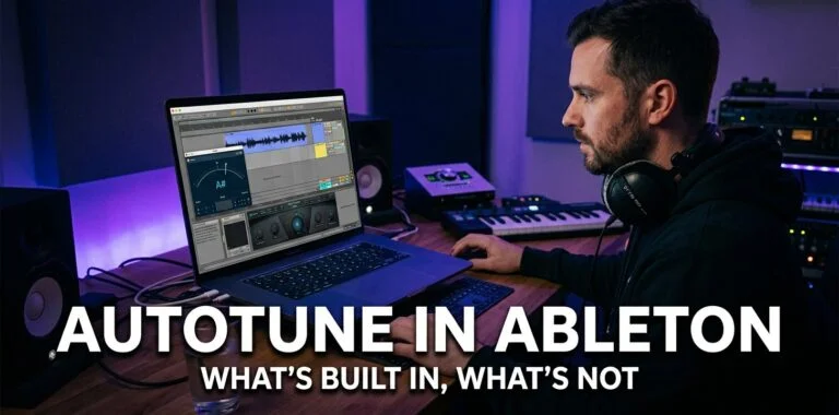 Producer working on vocals at a laptop with a session-view DAW and headphones, moody lighting