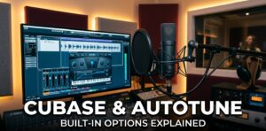 Condenser microphone with pop filter in front of a monitor showing a vocal waveform being edited