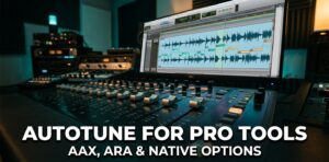 Control surface with a monitor showing a vocal waveform being edited with pitch correction notes