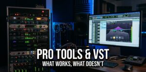 Studio rack gear with glowing LEDs and a monitor showing a plugin window with virtual knobs