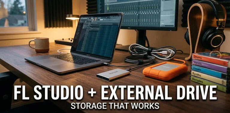 Workstation desk with a laptop, a silver external SSD on a USB-C cable and a second drive beside sample packs