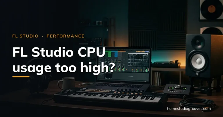 Home studio desk with a laptop running FL Studio, MIDI keyboard, studio monitor and headphones
