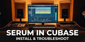 Home studio desk with a DAW timeline on a large monitor and a MIDI keyboard in warm light