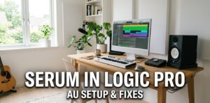 Bright minimal studio with an iMac showing a DAW arrangement view and a white MIDI keyboard