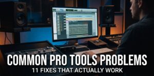 Dark control room with a Pro Tools session on a large monitor, audio interface and studio monitors