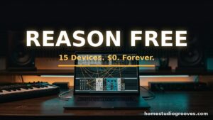 Reason Free plugin rack shown on a laptop screen in a dark home studio with monitors and MIDI keyboard