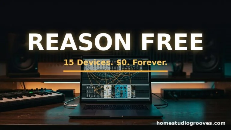 Reason Free plugin rack shown on a laptop screen in a dark home studio with monitors and MIDI keyboard