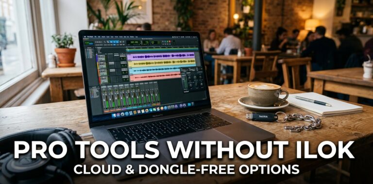 Laptop on a cafe table showing a DAW session, with a USB key nearby, travel mood