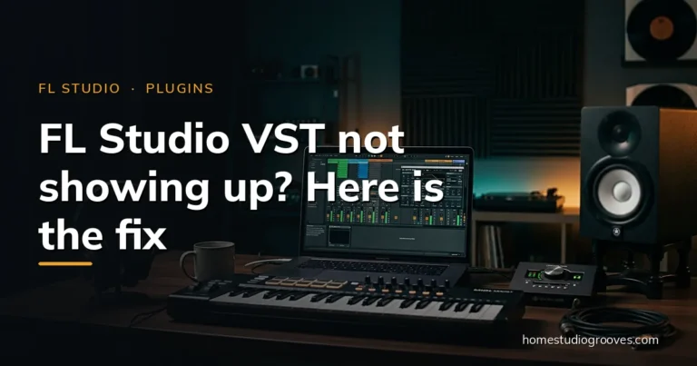 Home studio desk with a laptop running FL Studio, MIDI keyboard, studio monitor and headphones - vst not showing up in fl studio